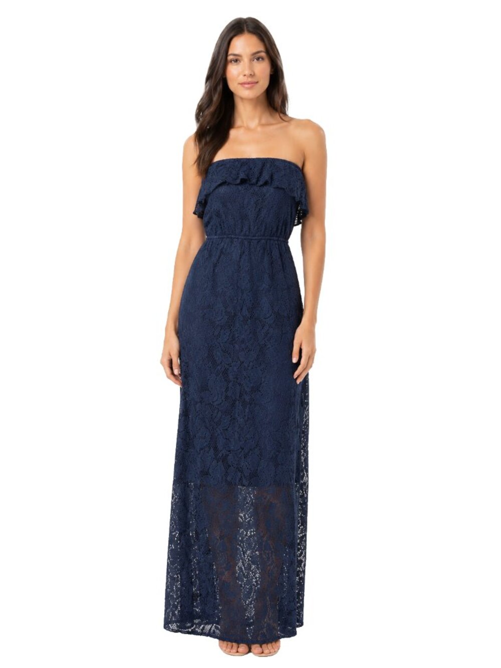 Vintage Trixxi Navy Blue Lace Strapless Maxi Dress Boho Romantic Size S 48"